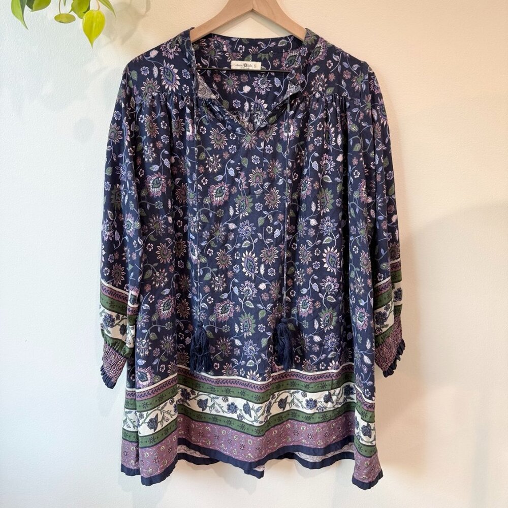 Natural Life Floral Swing Mini Dress Tunic Boho Tassel Tie 3/4 Sleeve Size S